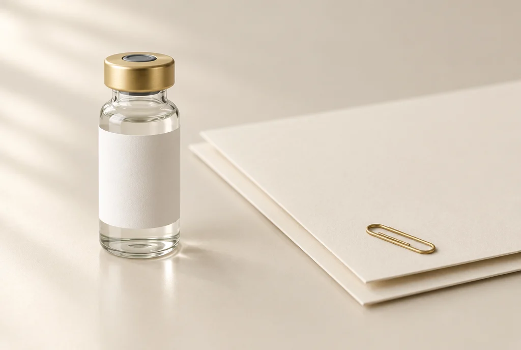 A vial beside its batch paperwork